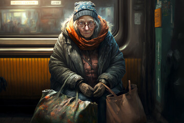 Fototapeta na wymiar Old lady sitting on the subway generative AI