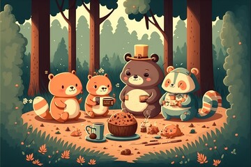 Naklejka premium a group of bears sitting around a table with food and drinks in a forest setting with a bear holding a mug of coffee and a bear. generative ai