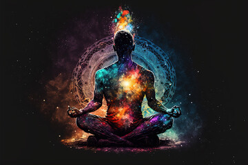 Fototapeta premium person in yoga position, mystery meditation background. 
