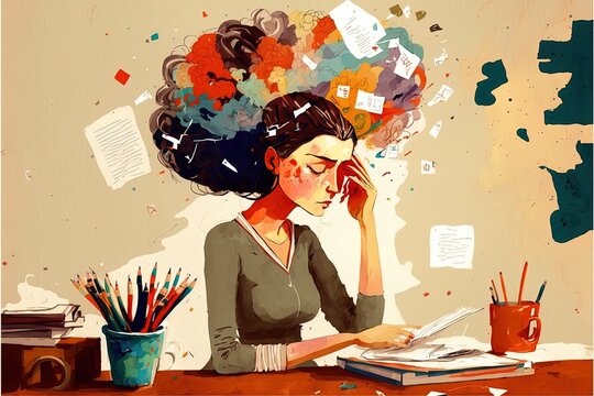 Illustration d'une femme submerg&eacute;e et pr&eacute;occup&eacute;e, burnout