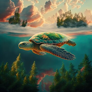 Sky turtle floating through the clouds, Generated by AI