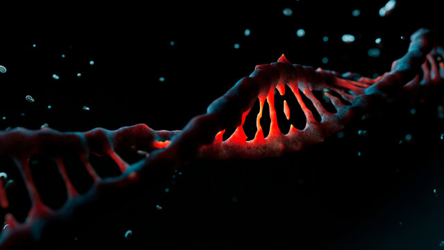 The DNA spiral on a dark background, a scientific concept. Genetics, 3d rendering.