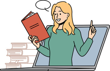 Woman teacher on laptop lead online lesson