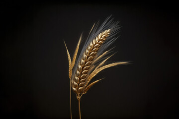 Generative AIspikelet of wheat made of gold metal on a black background.Generative AI.  - obrazy, fototapety, plakaty