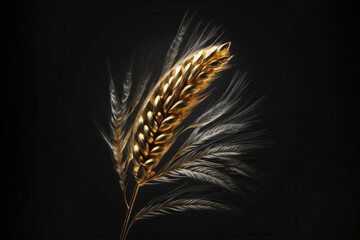 Generative AIspikelet of wheat made of gold metal on a black background.Generative AI. 