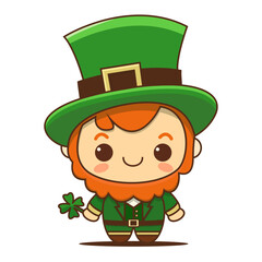 Cute leprechaun with hat and clover. In honor of St. Patrick’s day. Vector illustration.