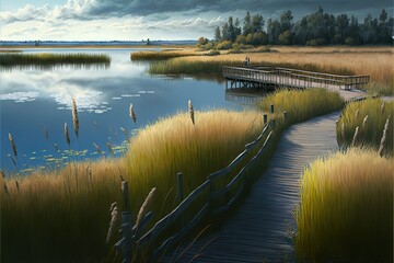  a painting of a boardwalk leading to a lake with a cloudy sky in the background and reeds in the foreground, and a man standing on a bridge in the distance.  generative ai