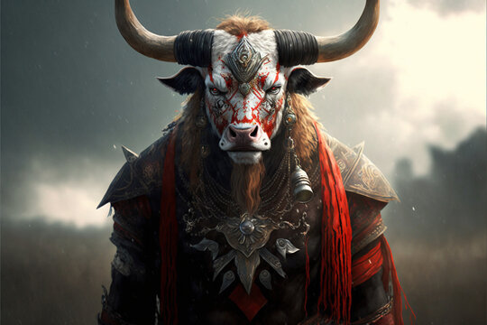 Cow animal portrait dressed as a warrior fighter or combatant soldier concept. Ai generated