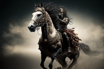 Obraz na płótnie Canvas Horse animal portrait dressed as a warrior fighter or combatant soldier concept. Ai generated