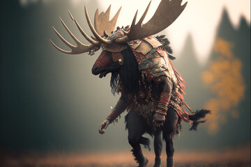 Fototapeta na wymiar Moose animal portrait dressed as a warrior fighter or combatant soldier concept. Ai generated