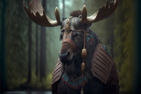 Moose animal portrait dressed as a warrior fighter or combatant soldier concept. Ai generated