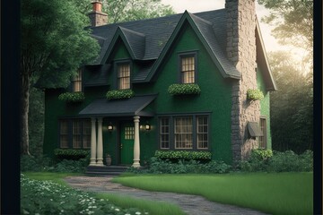Fototapeta na wymiar Beautiful green house from fairy tale. Irish legends. Generative AI