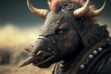 Warthog animal portrait dressed as a warrior fighter or combatant soldier concept. Ai generated
