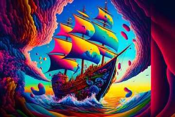 colorful ship in a colorful ocean and colorful clouds