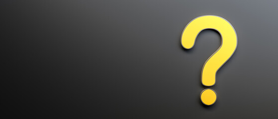 Yellow question mark on black background with empty copy space on left side, FAQ Concept. 3D Rendering