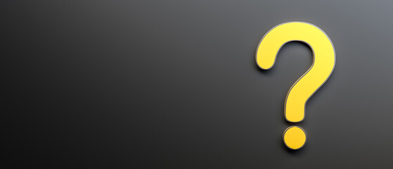 Naklejka premium Yellow question mark on black background with empty copy space on left side, FAQ Concept. 3D Rendering