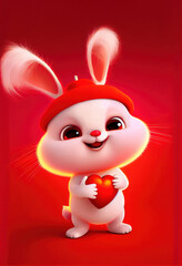 Cute bunny holding a heart, valentine's day  banner, space for text, generative ai 
