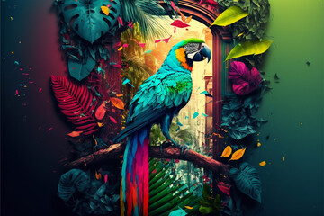 A colorful parrot perched on a tree branch - digital illustration