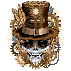 Skull Steampunk Voodoo Retro Gothic Creepy Surreal Machine with Clocks, Gears, Bolts Vector Illustration isolated on white 