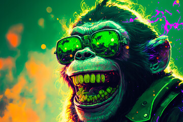 portrait of a crazy monkey in sunglasses on a glowing toxic background, generative ai