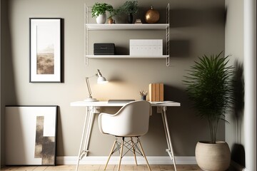  a desk with a lamp and a chair in a room with a plant on the shelf and a picture on the wall above it, and a potted plant on the shelf.  generative ai