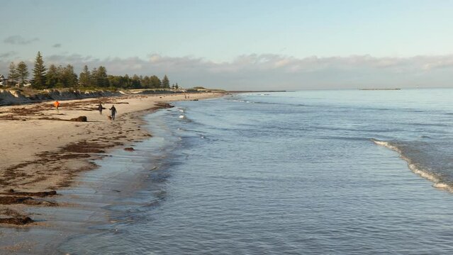 People Walk on Semaphore Beach in Morning during Winter from Jetty View