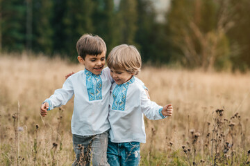 Happy glad boys - Ukrainian patriots children on meadow of Carpathian mountain.