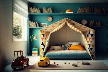  a child's bedroom with a bed and toys in it and a book shelf with books on it and a toy car in the foreground.  generative ai