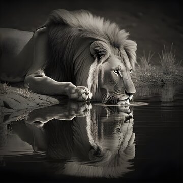 hyper realistic black and white photo of a lion drinking from a lake 300 dpi high resolution large print 