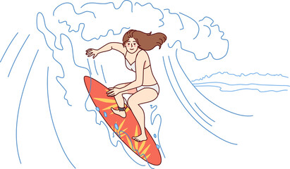 Happy woman surfing on waves in ocean