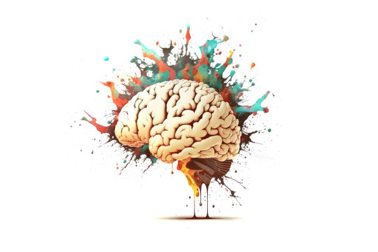 Creativity concept with a brain exploding with colorful ideas on a white background. Generative AI
