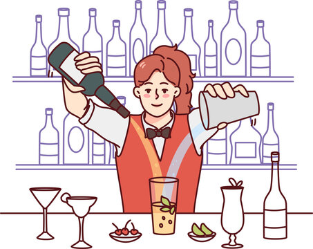 Woman barmen making cocktails at bar
