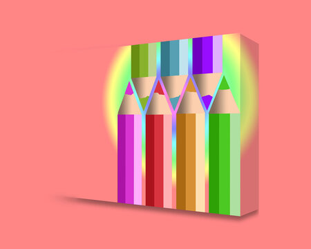 Colored pencils in kid pleasing colors are seen together in a pencil box shape in a 3-d illustration about elementary education.