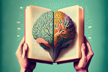 Human brain on a book and color background . Minimal abstract concept of school, culture, intelligence, reading or education. Charger for brain idea. Generative AI - obrazy, fototapety, plakaty