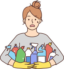 Stressed woman with detergent bottles
