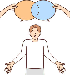 Confused man with speech bubbles above head