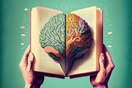 Human brain on a book and color background . Minimal abstract concept of school, culture, intelligence, reading or education. Charger for brain idea. Generative AI