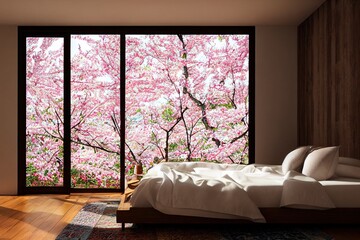 Luxurious Cozy Japandi Minimal Modern Primary Bedroom Interior with cherry blossom views large windows with staged furniture made with Generative Ai 