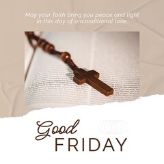 Composition of good friday text with crucifix over book on black background