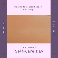Composition of national self-care day text and copy space over purple and brown background