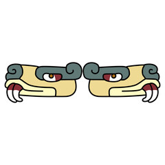 Symmetrical animal design with two animal heads with big fangs. Native American art of Aztec Indians from Mexican codex. Isolated vector illustration. © Olena