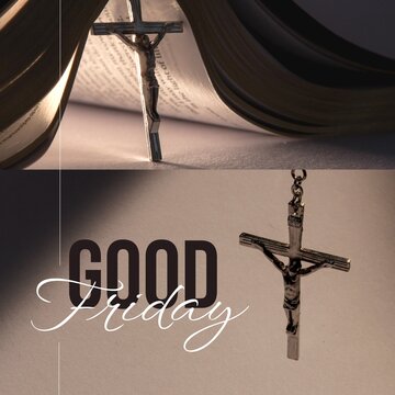 Composition of good friday text with crucifix over book on grey background