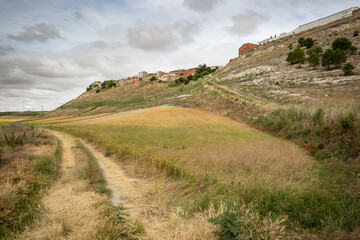 rural path through agricultural fields with a view to Peñaflor de Hornija, Valladolid, Castile and Leon, Spain