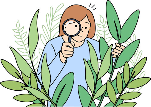 woman looking through magnifying glass at plants clip art preview