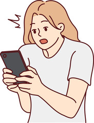 Stunned woman look at cellphone screen shocked