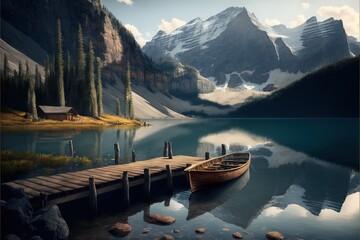  a boat is docked at a pier in a mountain lake with a dock and mountains in the background, with a dock in the foreground.  generative ai