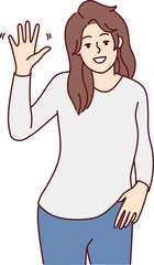 Smiling woman waving saying hello