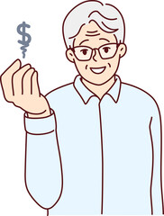 Happy elderly man show dollar sign