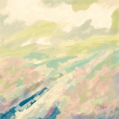 Fototapeta premium Impressionistic Life Pathway with Flowers - At the Shore - Digital Painting/Illustration/Art/Artwork Background or Backdrop, or Wallpaper