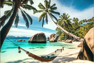  a hammock hanging from a palm tree on a beach with a rock in the background and a hammock in the foreground.  generative ai